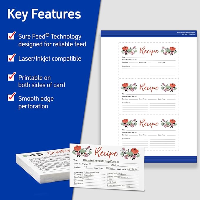 Avery Printable Index Cards, Sure Feed Technology, 3" x 5", Matte White, Laser & Inkjet Compatible, 150 Blank Cards Total, Great for Product Branding, Marketing, and More (5388)