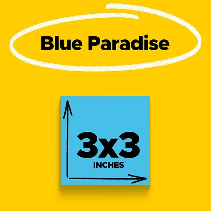 Post-it Super Sticky Notes, 5 Sticky Note Pads, 3 x 3 in., School Supplies, Office Products, for Vertical Surfaces, Monitors, Walls and Windows, Blue Paradise