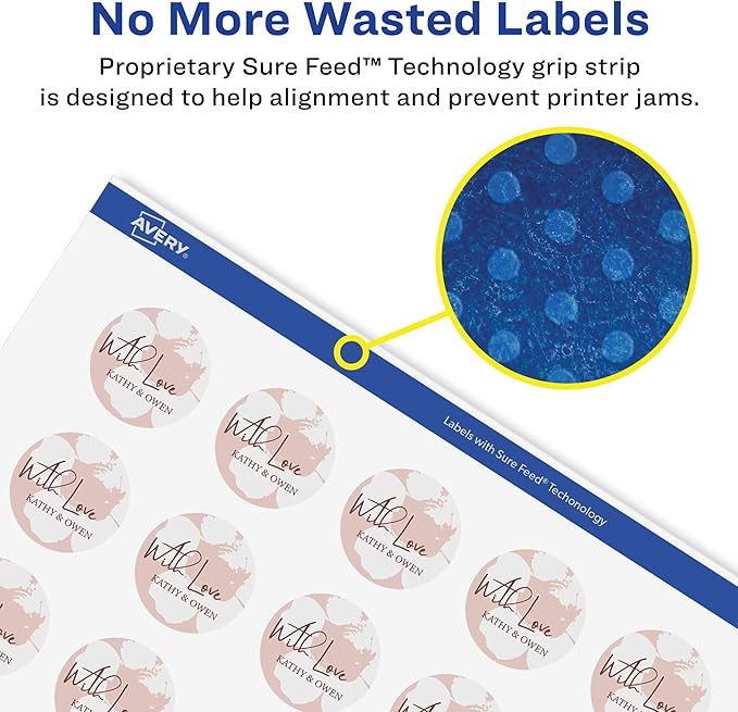 Avery Glossy White Round Labels, Sure Feed Technology, 1.25" Diameter, 1,500 Glossy White Labels, Print-to-The-Edge, Permanent Adhesive, Laser/Inkjet Printable