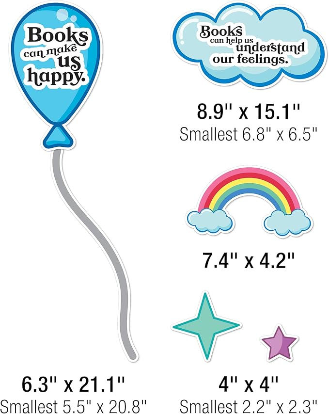 Carson Dellosa 53 pc Bundle Reading is Magic Set, Retro Rainbow, Balloons, Books, and Star Cutouts with Inspirational Quotes for Bulletin Board Classroom Decor
