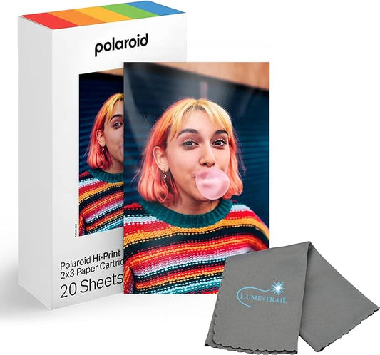 Polaroid Hi Print 2x3 Paper Cartridge, Peel and Stick, 1 Pack (20 Photos) with a Microfiber Cleaning Cloth