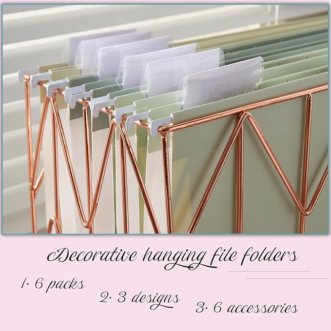 6 Pack Hanging Folder File Cabinet Organizer Letter Size 1/5 Cut Adjustable Label Decoration Home Office School Classroom, Green