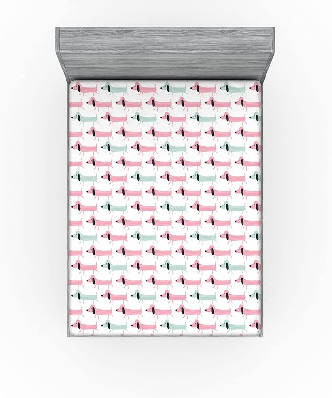 Ambesonne Dachshund Fitted Sheet, Pattern with Funny Cartoon Sausage Dogs, Bed Cover with All-Round Elastic Deep Pocket for Comfort, Full Size, Seafoam Pink
