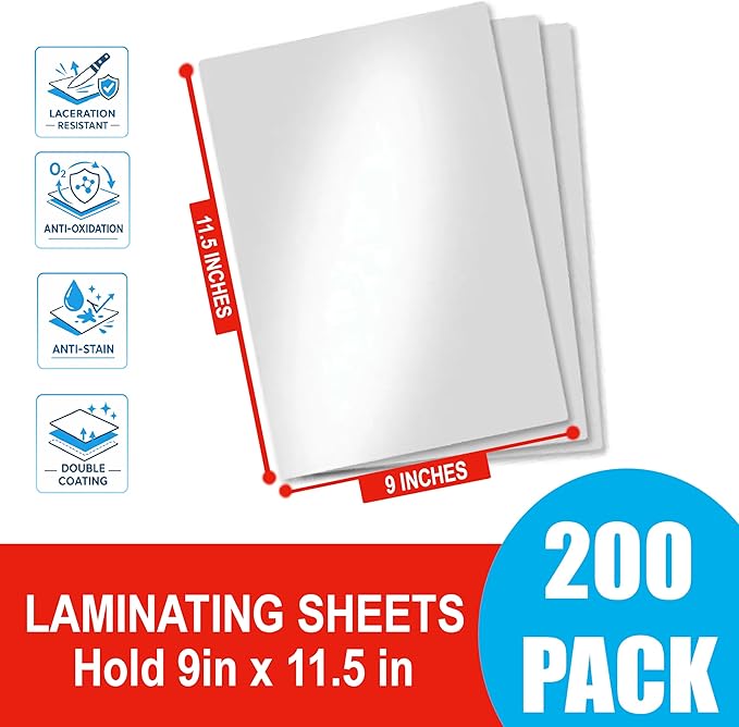 3MIL Thermal Laminating Sheets (200 Count) 9x11.5 inch, Letter Size, Dry-Erase Friendly Laminate Pouches, Compatible with Laminator Machine, Crystal Clear Laminated Finish