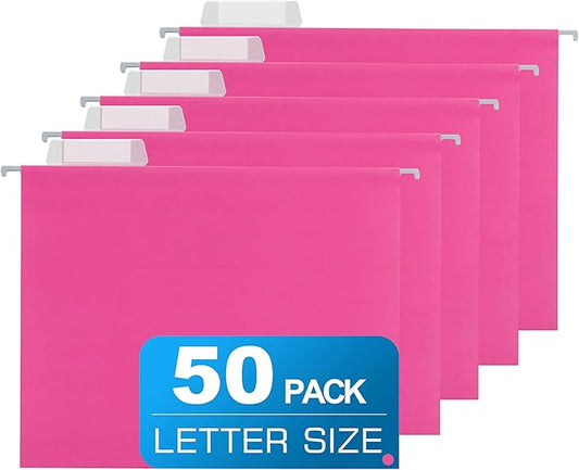 50 Packs Hanging File Folders Pink,Letter Size 8.5x11,Hanging File Folders with 1/5-cut Tabs,Designed for Bulky Files,File Folders for Filing Cabinet