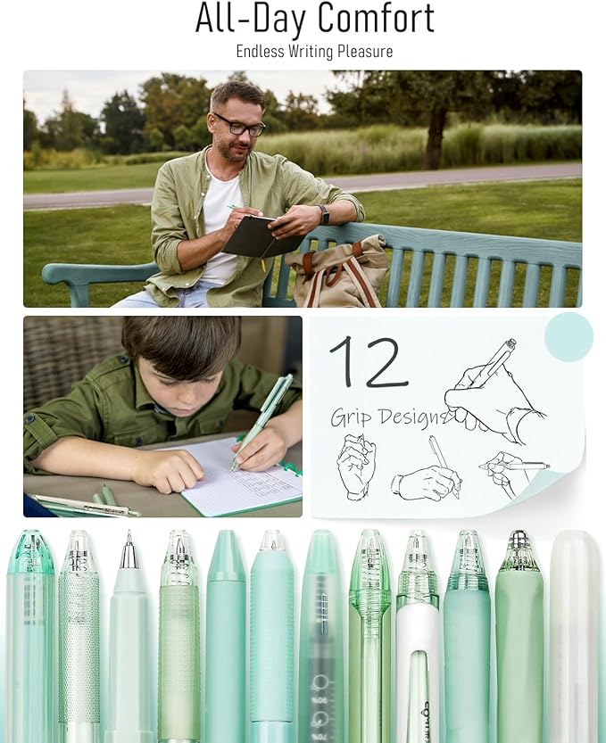 Four Candies Forest Series Gel Pens, Black & Green Ink Fine Point Smooth Writing Pens and Highlighter Set, Teal Office Supplies Back to School Stationery, Set of 12