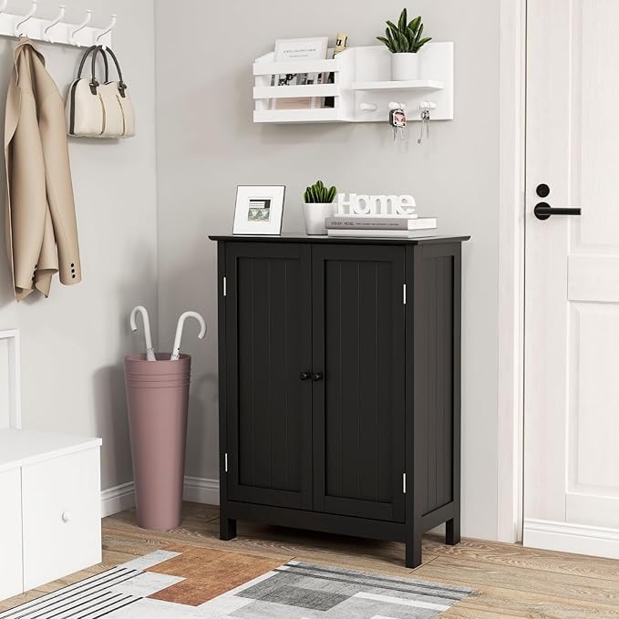 COSTWAY Bathroom Storage Cabinet, Freestanding Bathroom Organizers and Storage with Doors & Adjustable Shelf, Wooden Floor Cabinet for Home, Living Room, Entryway, Kitchen (Black)