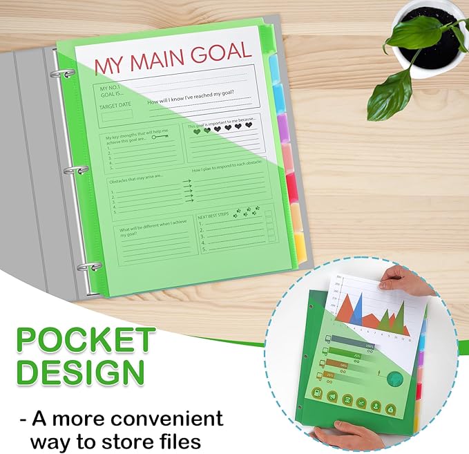 16 Count Binder Dividers with Pockets, 8 Tab Plastic Dividers for 3 Ring Binders School Office Document Indexing and Protection, Multicolor, 2 Sets