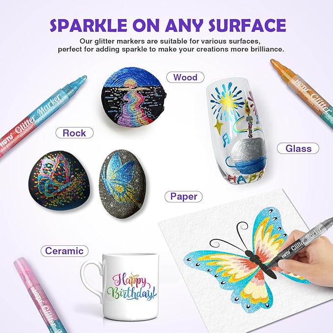 Glitter Markers Pens, 16 Colors Glitter Acrylic Paint Pens, Sparkly Metallic Dual-Tone Reversible Smooth Tips Shimmer Marker 8 Count for Coloring, Rock Painting, Wood, Fabric, DIY Craft
