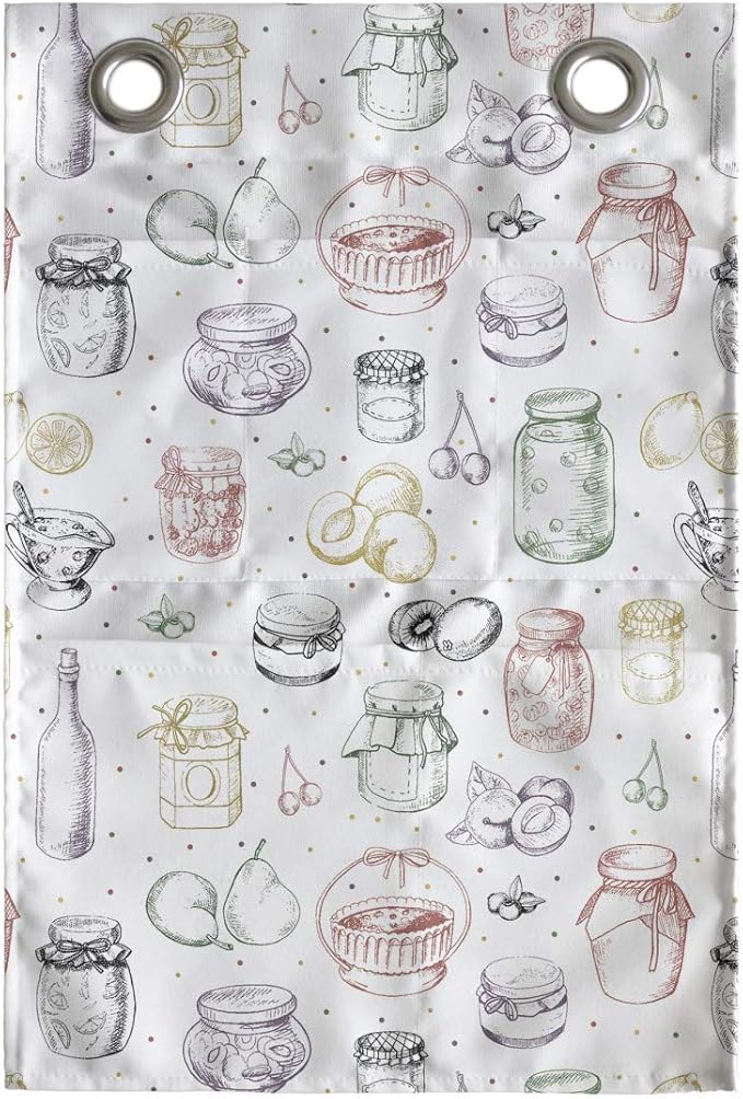 Ambesonne Ingredients Hanging Pocket Organizer, Sketch Colorful Freehand Drawings of Jars Fruits Bottles and Mini Spots, Printed Polyester Storage Bag with Pockets, 14" x 20", White Multicolor