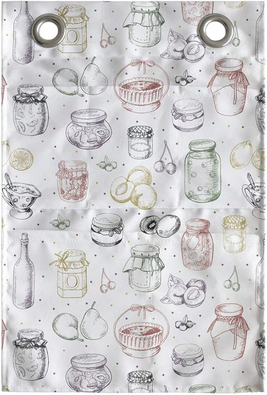 Ambesonne Ingredients Hanging Pocket Organizer, Sketch Colorful Freehand Drawings of Jars Fruits Bottles and Mini Spots, Printed Polyester Storage Bag with Pockets, 14" x 20", White Multicolor