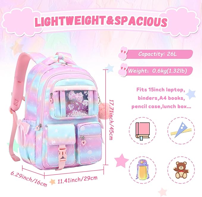 Kids Backpack for Girls - School Bags for Middle School Students - Book Bag for Elementary Primary - Kawaii Ita Backpack - Pink Planet