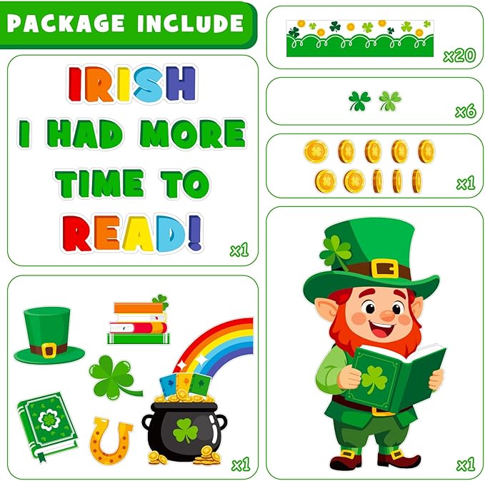 St. Patrick's Day Reading Bulletin Board Decoration Set, March Library Classroom Decorations Leprechaun Lucky Charms Shamrock Rainbow Clover Book Pot of Gold Cutouts School Wall Door Decor for Teacher