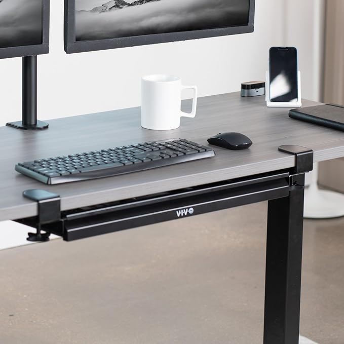 VIVO 22 inch Clamp-on Sliding Pull-Out Under Table Drawer for Office Desk, Shallow Storage Organizer for Sit Stand Workstation, Black, DESK-DR22L