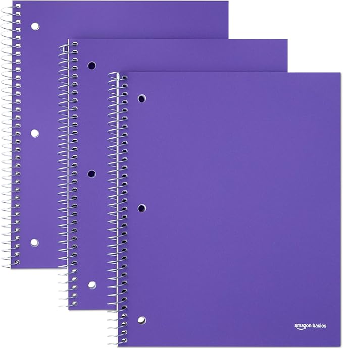 Amazon Basics Wide-Ruled Spiral Notebook, Poly Cover, For Work and School, 100 Sheets, 8.5" x 10.5", Radiant Orchid, 3-Pack