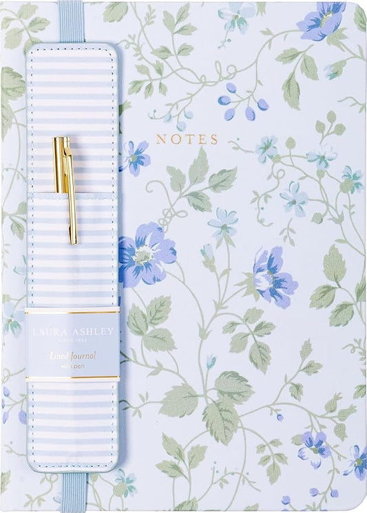 Laura Ashley Premium Fabric Hardcover Writing Journal with Pen | 256 Lined Pages | Elegant Floral Design | Perfect for Diaries, Notes, and Gift Giving (Blue - A5-6-x-8 Inches)