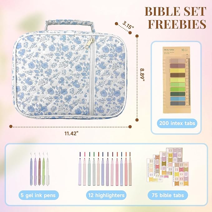 Bible Cover Case for Women,Bible Study Supplies Accessories,Bible Journaling Kit,Blue Flower Carrying Case with Highlighters