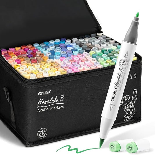 Ohuhu Alcohol Based Brush Markers -Double Tipped Art Marker Set for Artists Adults Coloring Sketch Illustration - Brush & Fine Dual Tips - 216 Colors - Honolulu B of Ohuhu Markers - Refillable Ink