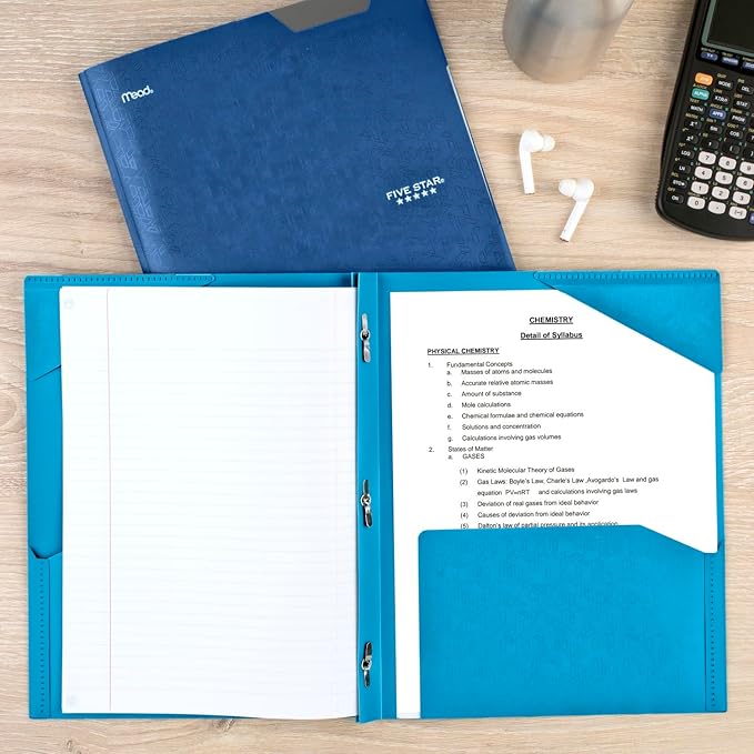Five Star 2-Pocket Folder, 4 Pack, Plastic Folder with Stay-Put Tabs and Prong Fasteners, Holds 8-1/2" x 11" Paper, Tidewater Blue, White, Amethyst Purple, Harvest Yellow (38064)