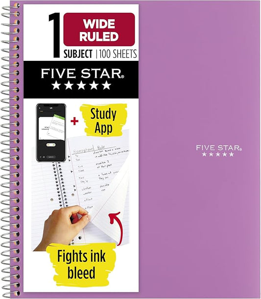 Five Star Spiral Notebook + Study App, 1 Subject, Wide Ruled Paper, 8" x 10-1/2", 100 Sheets, Fights Ink Bleed, Water Resistant Cover, Amethyst Purple (72351)