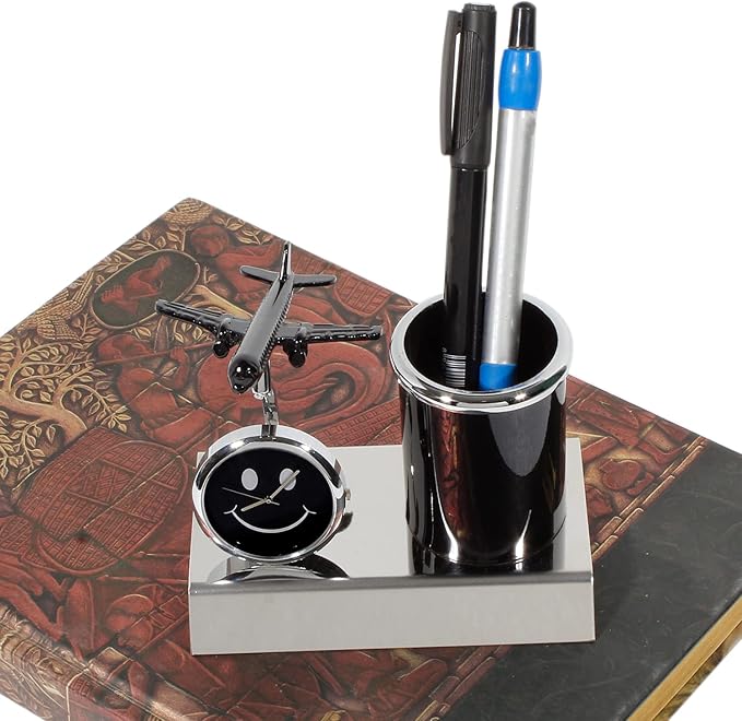 Aeroplane Miniature Metal Pen Stand With Clock, Stylish Stationary Desk Organizer, Pencil Holder, Elegant Corporate Gift Set, Durable Decorative Showpiece For Office