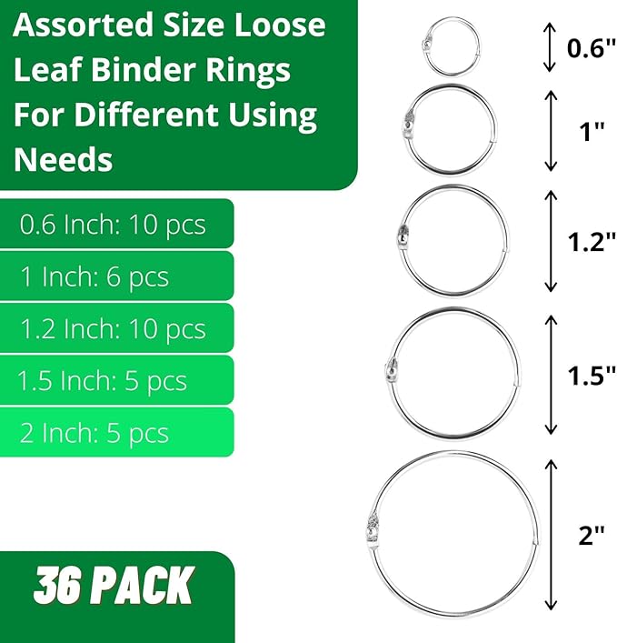 Mr. Pen- Binder Rings, Loose Leaf Binder Ring, 36pc, Assorted Sizes