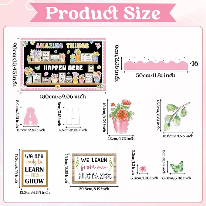 74pcs Spring Bulletin Board Decorations Set Flower Bookshelf Bulletin Board Amazing Things Happen Here Paper Cutouts Floral Cards Motivational Cutout Classroom Decor for Classroom School Offices