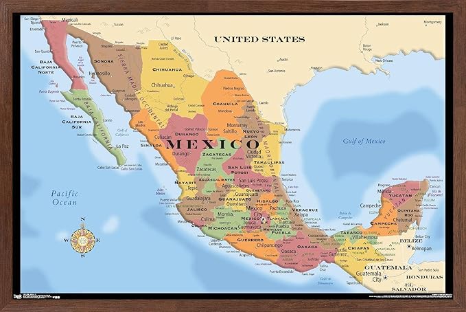 Trends International Map - Mexico Wall Poster, 22.375" x 34", Mahogany Framed Version