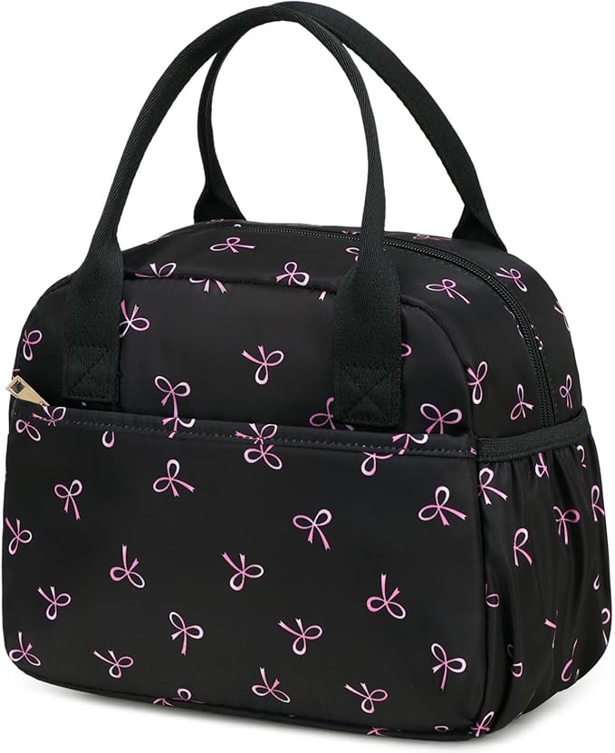 CAMTOP Lunch Box for Women Men Insulated Lunch Bag Lunch Tote Bag Leakproof Thermal Cooler Large Capacity for Travel Work School Picnic (Black Pink Bow)
