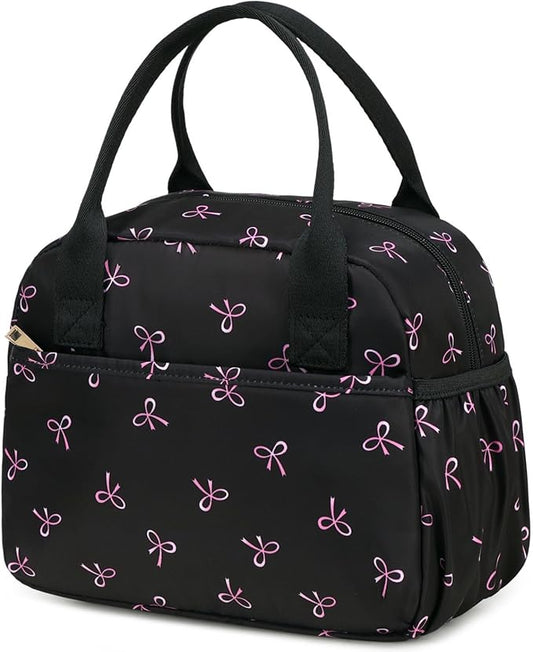 CAMTOP Lunch Box for Women Men Insulated Lunch Bag Lunch Tote Bag Leakproof Thermal Cooler Large Capacity for Travel Work School Picnic (Black Pink Bow)