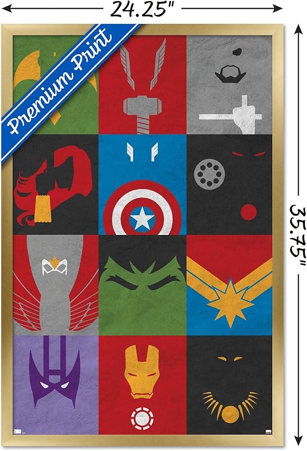 Trends International Marvel Comics - Avengers - Minimalist Grid Wall Poster, 22.375" x 34", Gold Framed Version