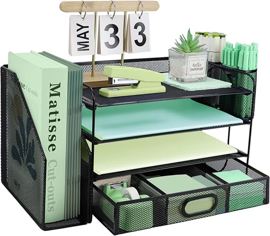 4 Tier Desk File Organiser with Extra Vertical File Sorter, Paper Letter Tray with Top Stationery Drawer Holder, A4 Paper Desktop Filing Trays, Magazine Document Holder for Home Office, Black