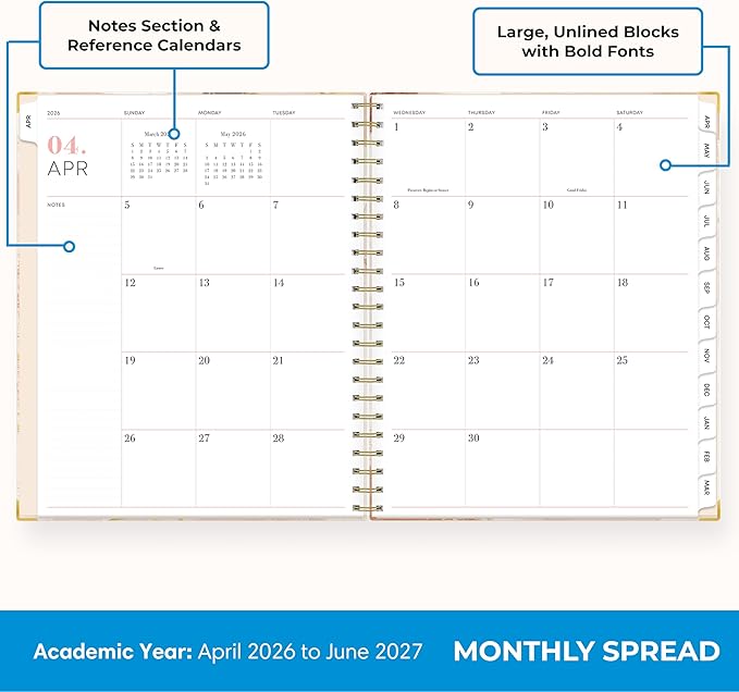 Blue Sky 15 Month 2026-2027 Weekly and Monthly Academic Year Planner Calendar, April 2026 - June 2027, 8.5" x 11", Hard Cover, Wirebound, Laminated Tabs, Storage Pocket, Includes Snap-in Ruler w/Sticky Notes & Sticker Sheet, Henri