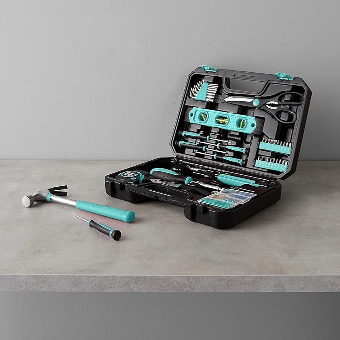 Amazon Basics 142-Piece Household Tool Kit for Home Repair,Hand Tools with Storage Case,13.39 x 9.25 x 2.95 inch,Turquoise,(Pack of 4)