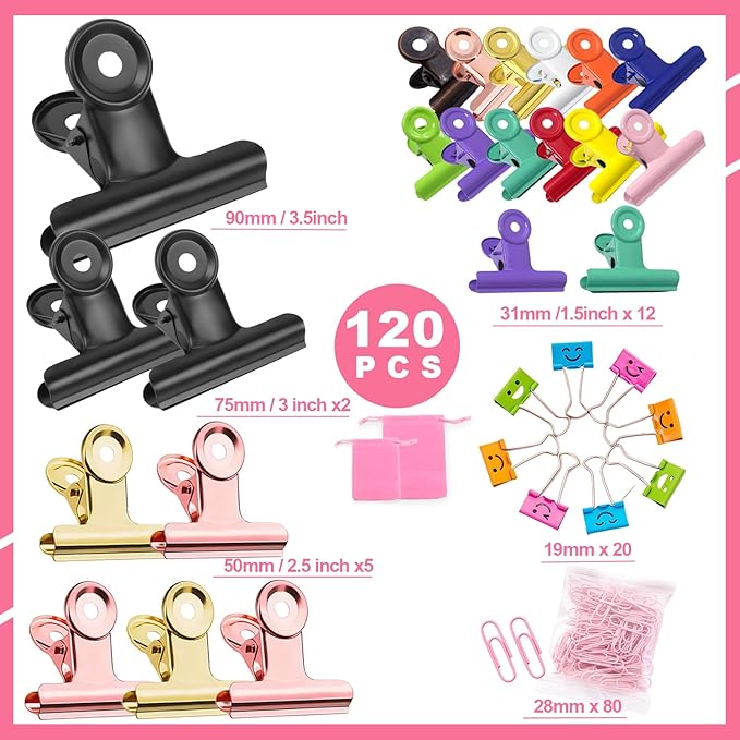 120 PCS Metal Hinge Clips Colored Spring Clip, Large Bulldog Clips 3.5+3+2+1.5 Inch, Colorful Bull Hinge Paper Clip for Crafts, Photo, Drawing, Food Bags at Home, Office, School, Shop