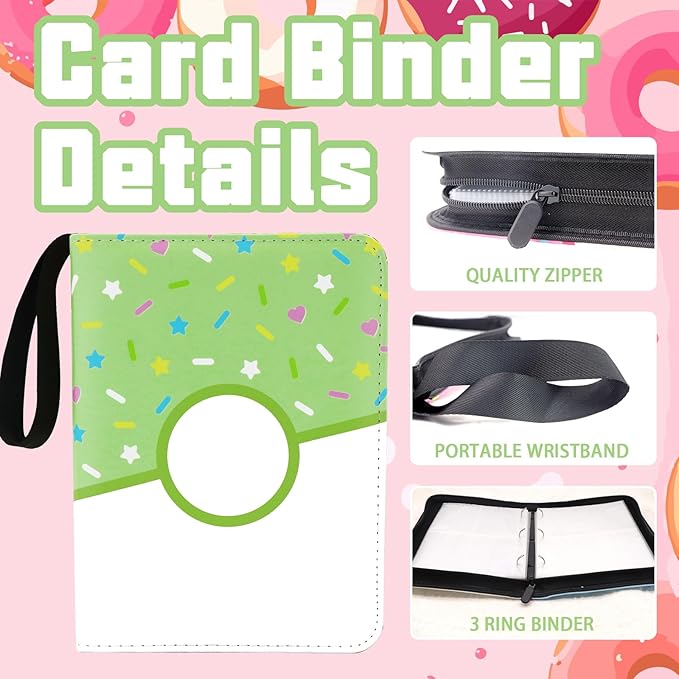 4 Pocket Card Binder 400 Card Holder Album, Pink Donut Trading Cards Holder Zipper Binder for Girl Teen Collection (Green Donut, 400 Pocket)