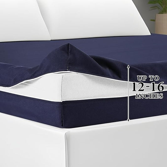 Zippered Mattress Fitted Protector Deep Mattress Encasement Soft Zipper Fitted Sheet Microfiber Bed Sheet Cover for Bed (Navy Blue,Queen,12-16in)