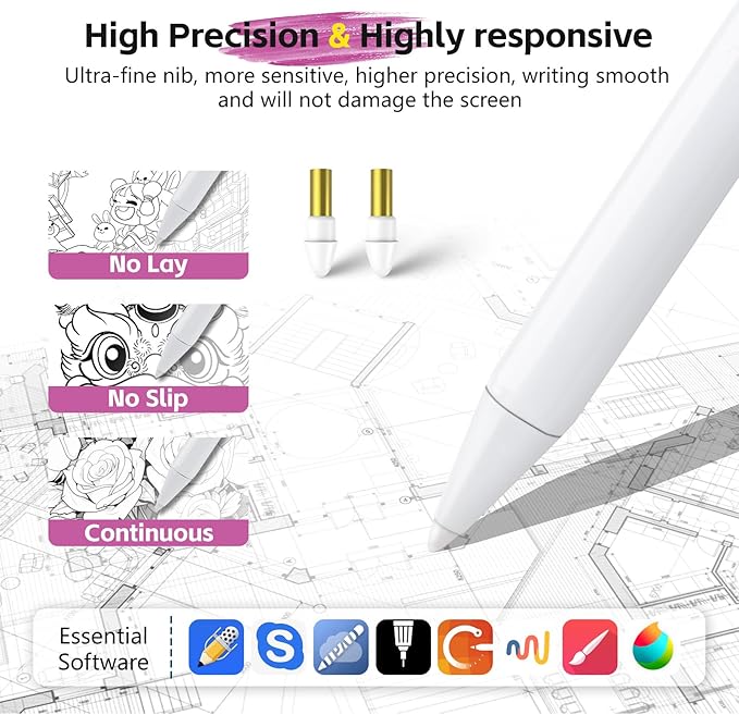 iPad A16 Pencil with Palm Rejection, Fast Charging Stylus Pen A8 for iPad A16/10th/9th/8th/7th/6th Gen, iPad mini 5th/6th/7th, iPad Air 5th/4th/M2/M3, iPad Pro 11"/12.9"/13"/M4/M5, Magnetic, White