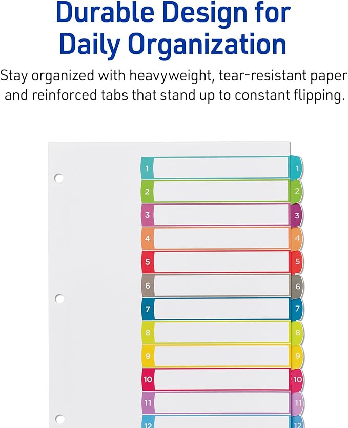 Avery Dividers for 3 Ring Binders, 12 Tabs per Set, Customizable Table of Contents, Multicolor Arched Tabs, Great for Organizing Reports, Projects, and More (11843)