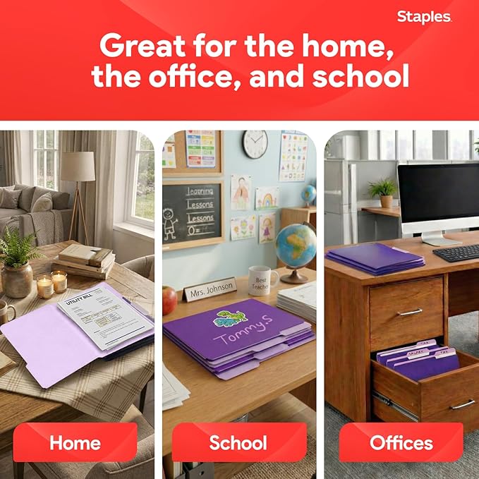Staples File Folders, Letter Size, 1/3‑Cut Tabs, Purple, Durable 10.5‑Point Paper Stock, 100/Pack