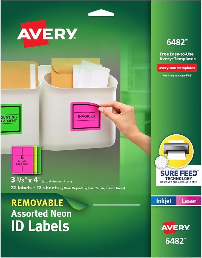 Avery Printable Labels with Sure Feed, 3-1/3" x 4", Assorted Neon Colors (Green, Magenta, and Yellow), Removable Adhesive, Laser & Inkjet Compatible, 72 Blank Labels Total (6482)