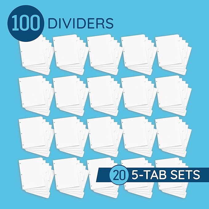 Blue Summit 3 Ring Binder Dividers with Tabs, Reinforced Edge, 1/5 Cut, Letter Size, 5 Tab Dividers for 3 Ring Binder Bulk, White, 20 Sets, 100 Pack