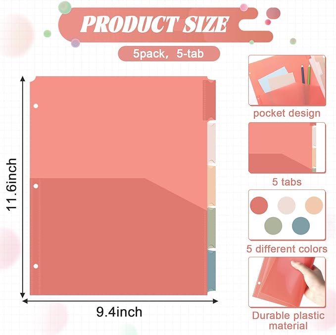5 Sets 5 Tab Binder Dividers with Pockets for 3 Ring Plastic Binders 8.5 x 11 Inches 3 Hole Punched Page Divider Sturdy Colorful Dividers for Office School Business Home Organizer (Vintage Color)