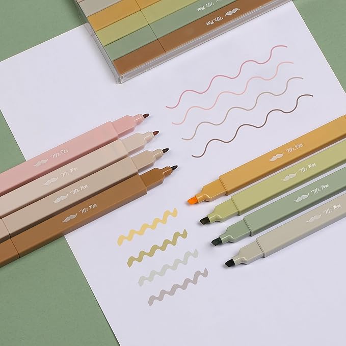 Mr. Pen- Dual Tip Aesthetic Highlighters, 8 pcs, Chisel & Fine Tips, Earthy Tones