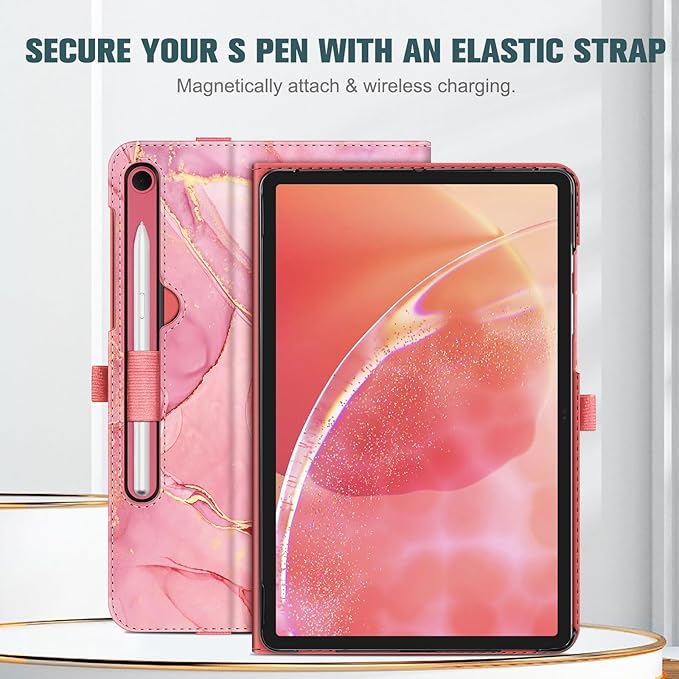 Fintie Case for Samsung Galaxy Tab S10 Lite/ S10 FE/ S9 FE 5G 10.9 Inch/Tab S9 11 Inch with S Pen Holder, Multi-Angle Viewing Protective Cover with Pocket, Auto Sleep/Wake, Marble Pink