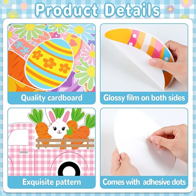 ZOiiWA 104 Pcs Easter Classroom Bulletin Board Decoration Happy Easter Bulletin Board Set Easter Truck Bulletin Board Set Easter Bunny and Eggs Cutouts for School Blackboard Nursery Home Wall Decor