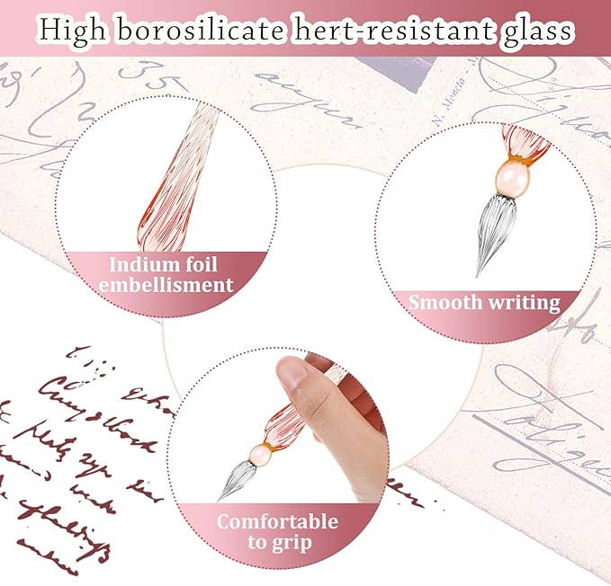 Zonon 6 Pieces Handmade Glass Dip, Crystal Glass Signature Calligraphy Vintage Dip Ink Pen Borosilicate Present Pen for Writing Drawing Decoration(Pink Color,Classic Style)