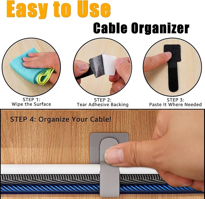 80PCS Hook and Loop Cable Straps, Cable Management Under Desk, Self Adhesive Cable Ties, Reusable Wire Organizers for Cords, Adjustable Cord Organizers for Desk, Home Office Essentials, White