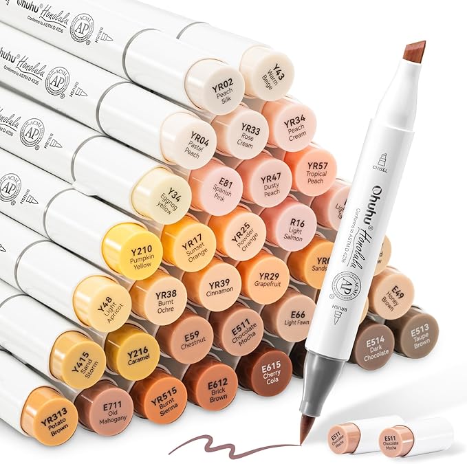 Ohuhu Skin Tone Alcohol Markers Brush Tip - 36 Portrait Skin Color Markers for Artist Adults Coloring Illustration - Chisel and Brush Dual Tips - Honolulu - Refillable - AP Certificated
