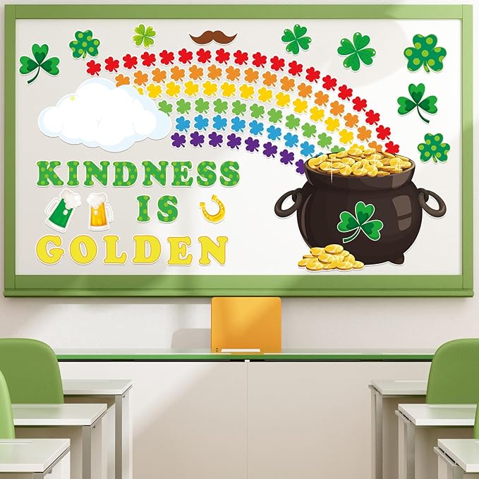 155PCS St.Patrick's Day Bulletin Board Decoration Set Shamrock Bulletin Board Decoration Kindness is Golden Cutouts for Bulletin Board St.Patrick’s Party Supply Classroom Chalkboard Wall Decor